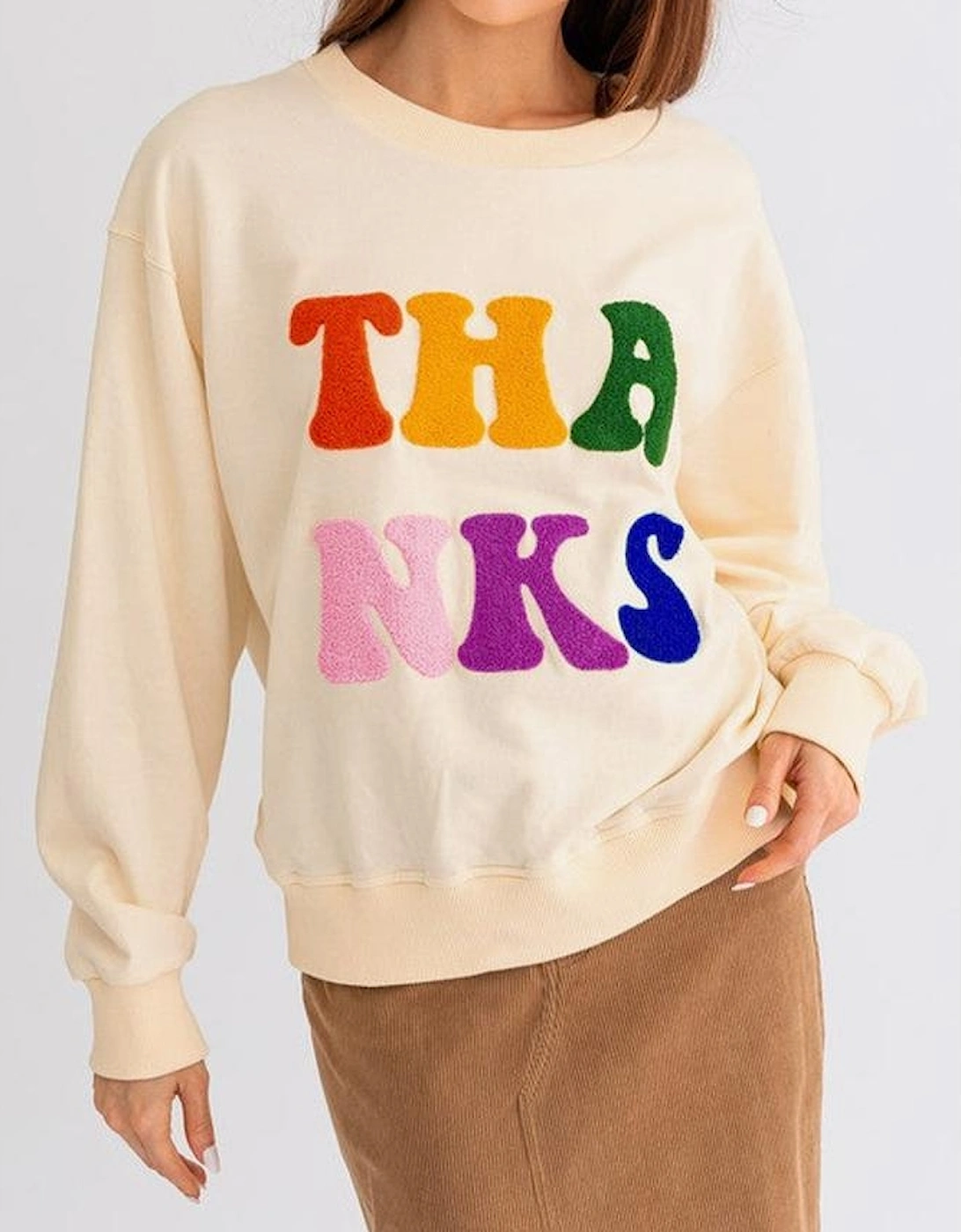 Apricot THANKS Chenille Embroidered Drop Shoulder Graphic Sweatshirt