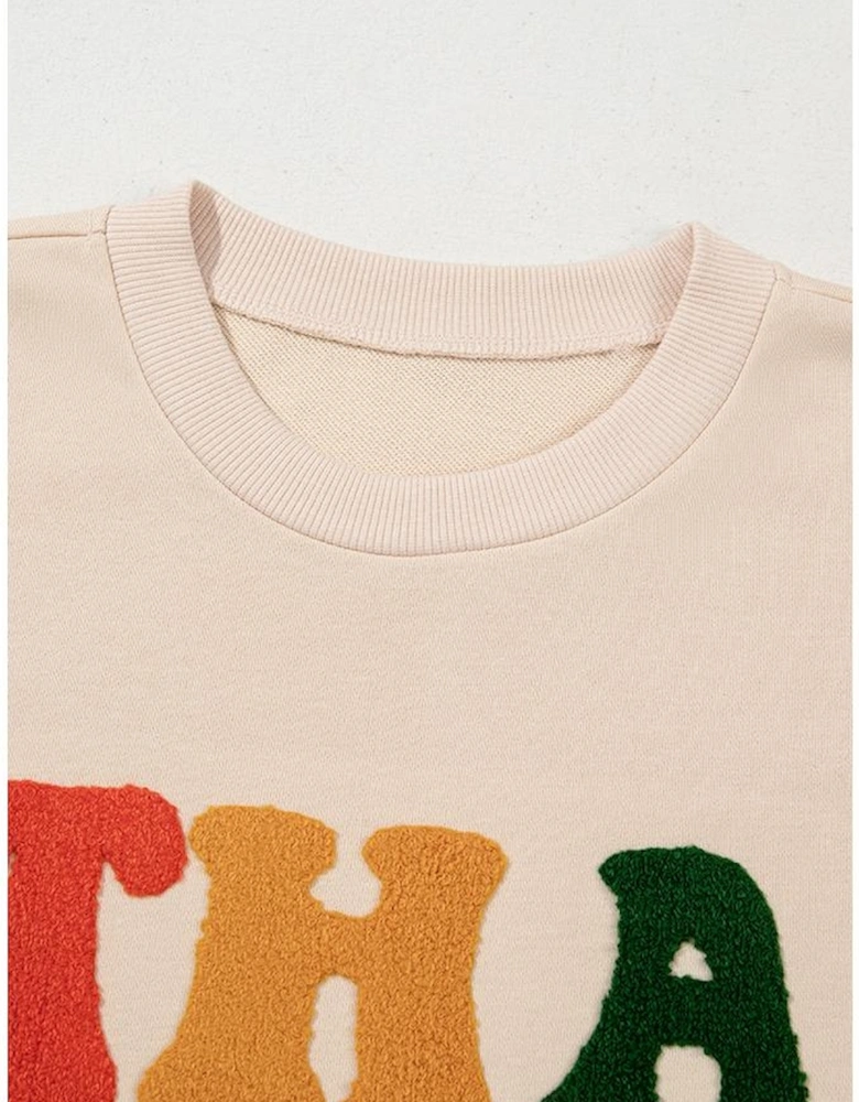 Apricot THANKS Chenille Embroidered Drop Shoulder Graphic Sweatshirt
