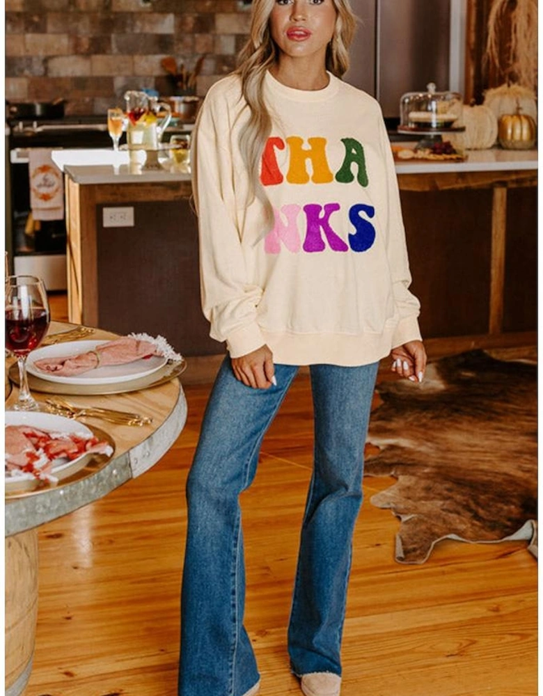 Apricot THANKS Chenille Embroidered Drop Shoulder Graphic Sweatshirt
