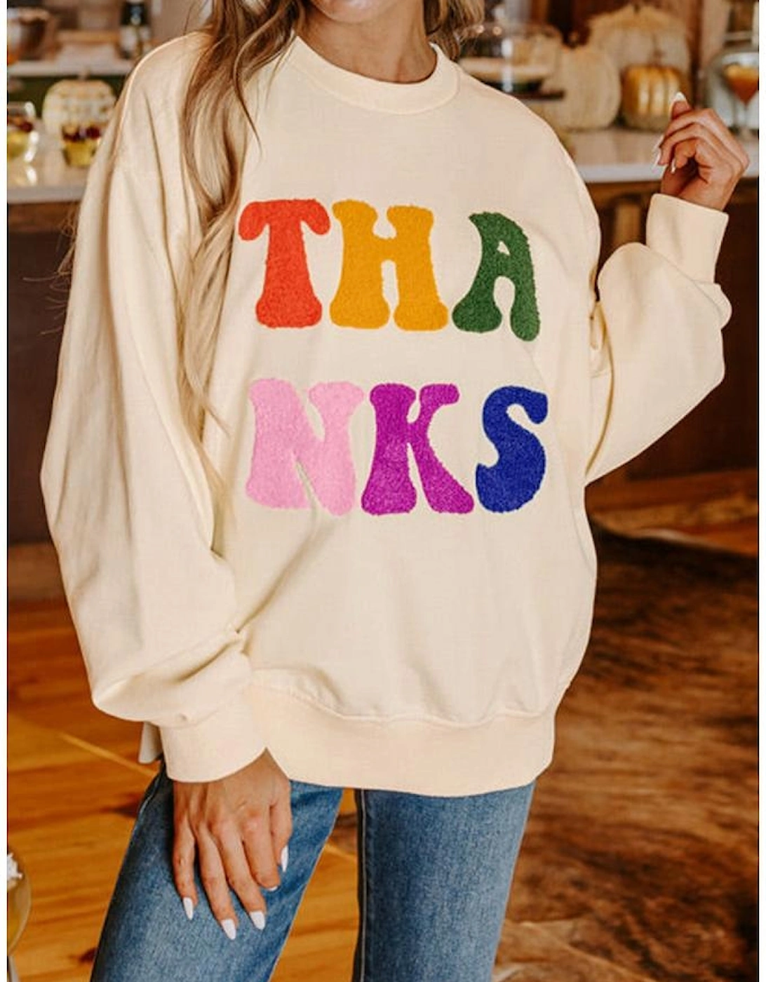 Apricot THANKS Chenille Embroidered Drop Shoulder Graphic Sweatshirt