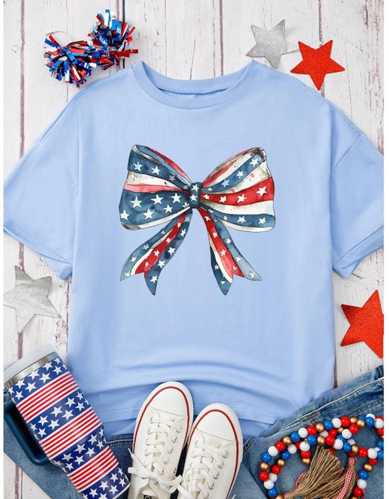 Myosotis July 4th Stars and Striped Bow Print Oversize Tee