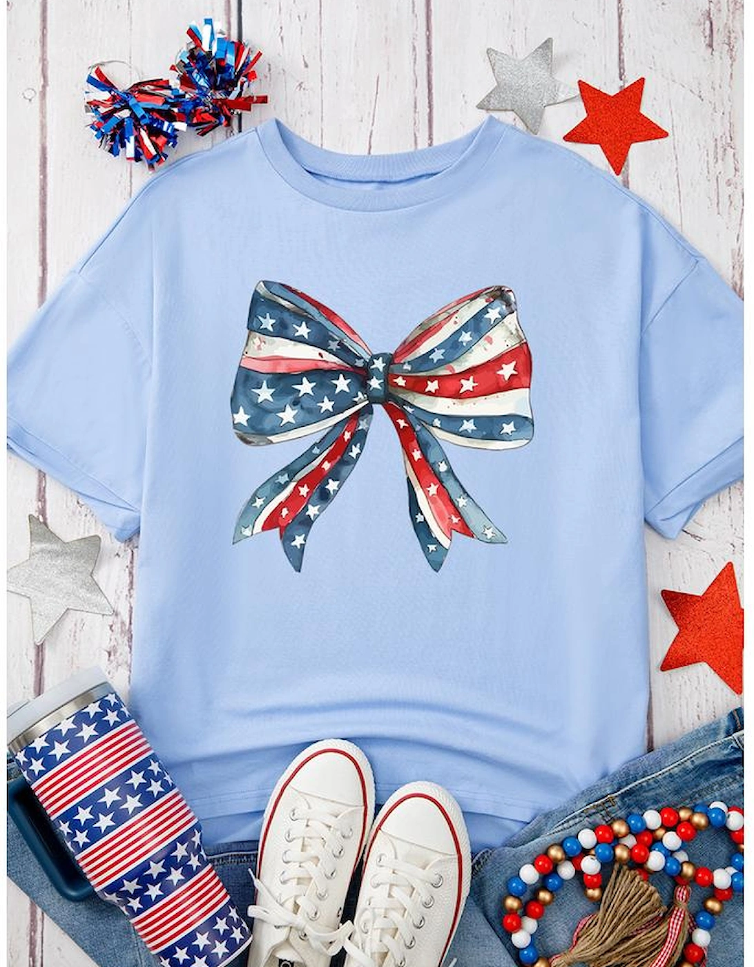 Myosotis July 4th Stars and Striped Bow Print Oversize Tee, 11 of 10