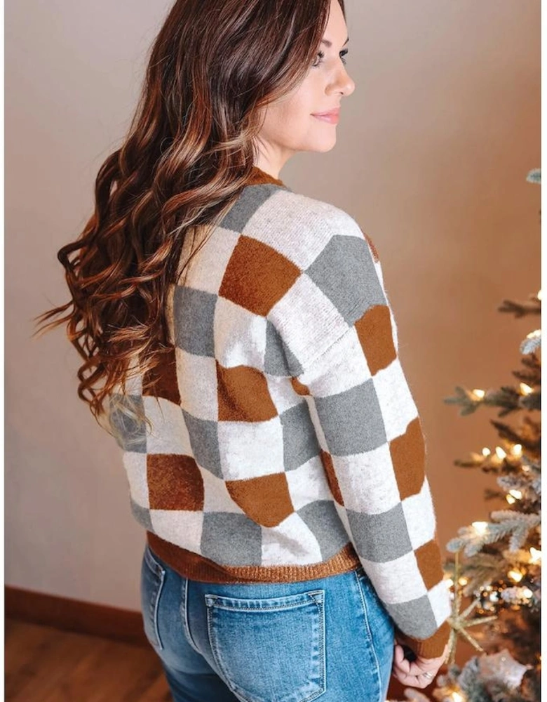 Brown Plus Size Checkered Crewneck Sweater