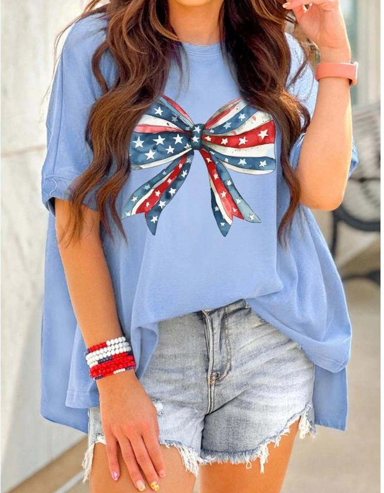 Myosotis July 4th Stars and Striped Bow Print Oversize Tee