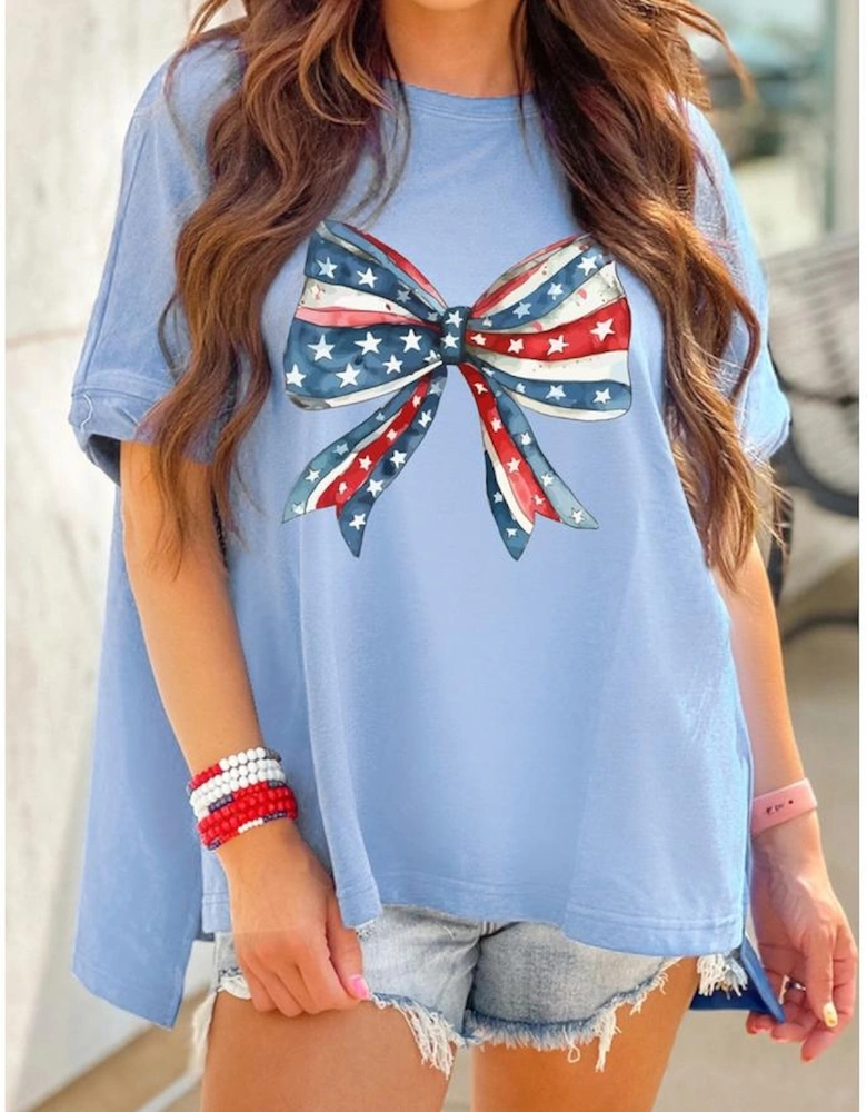 Myosotis July 4th Stars and Striped Bow Print Oversize Tee