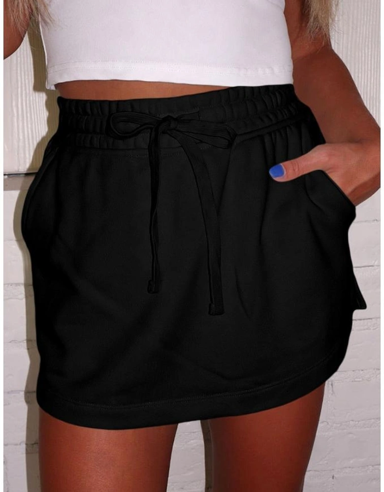 Black French Terry Drawstring Mini Skort with Pockets