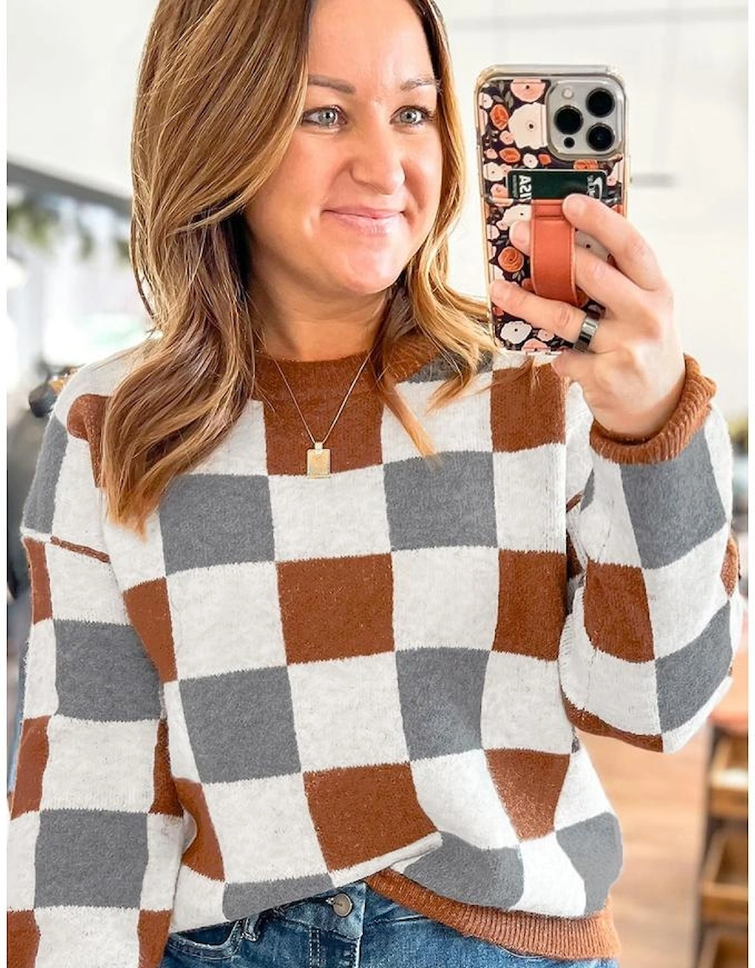 Brown Plus Size Checkered Crewneck Sweater