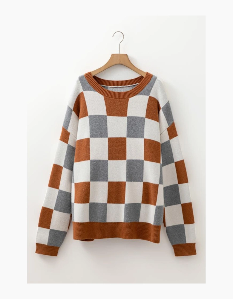 Brown Plus Size Checkered Crewneck Sweater