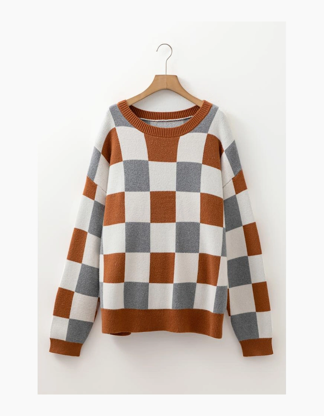 Brown Plus Size Checkered Crewneck Sweater