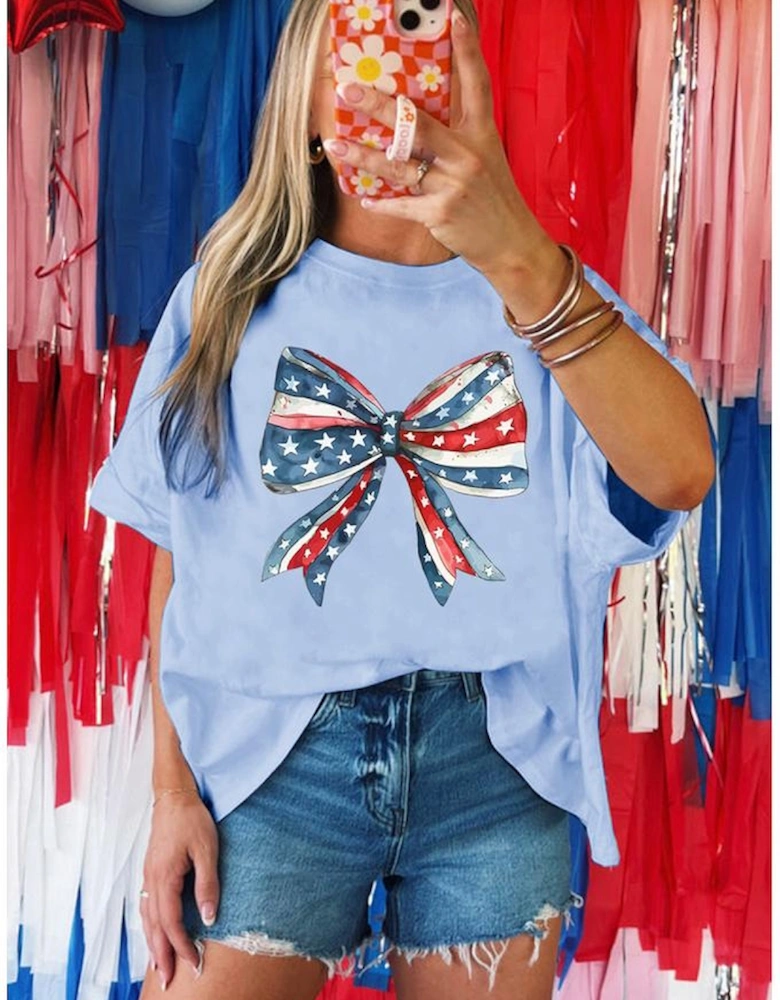 Myosotis July 4th Stars and Striped Bow Print Oversize Tee