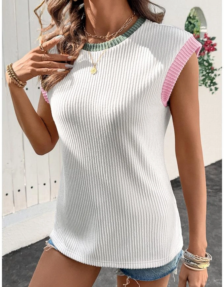 White Color Block Corded Knit Crew Neck Tee