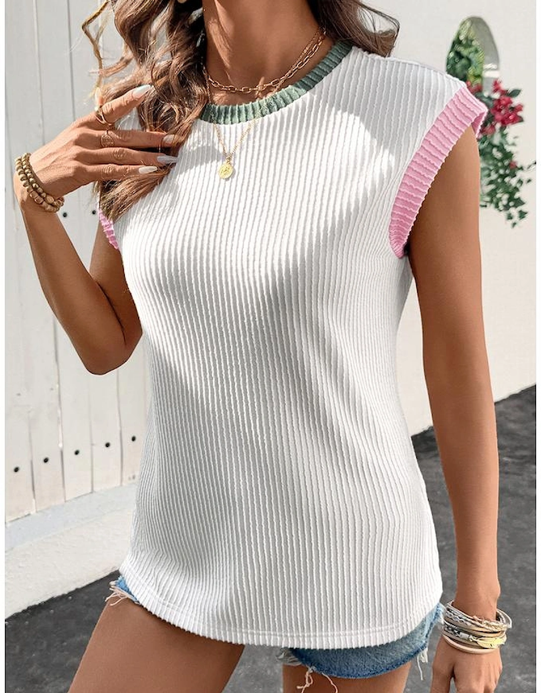White Color Block Corded Knit Crew Neck Tee