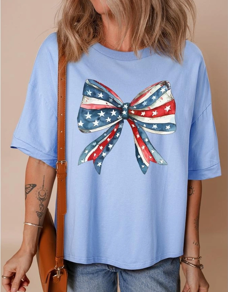 Myosotis July 4th Stars and Striped Bow Print Oversize Tee