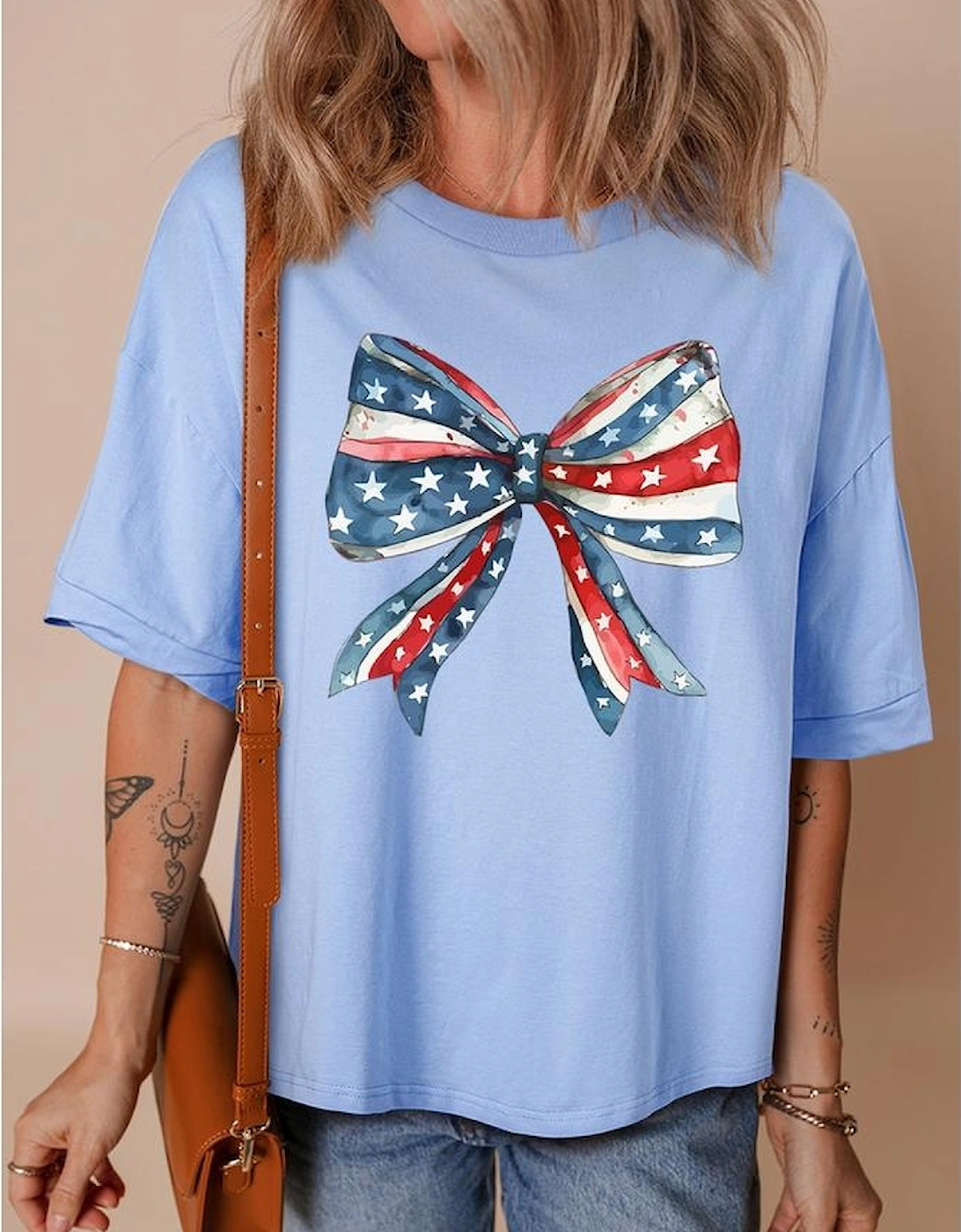 Myosotis July 4th Stars and Striped Bow Print Oversize Tee