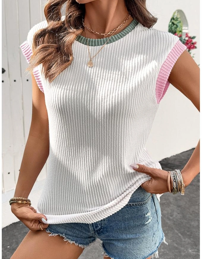 White Color Block Corded Knit Crew Neck Tee