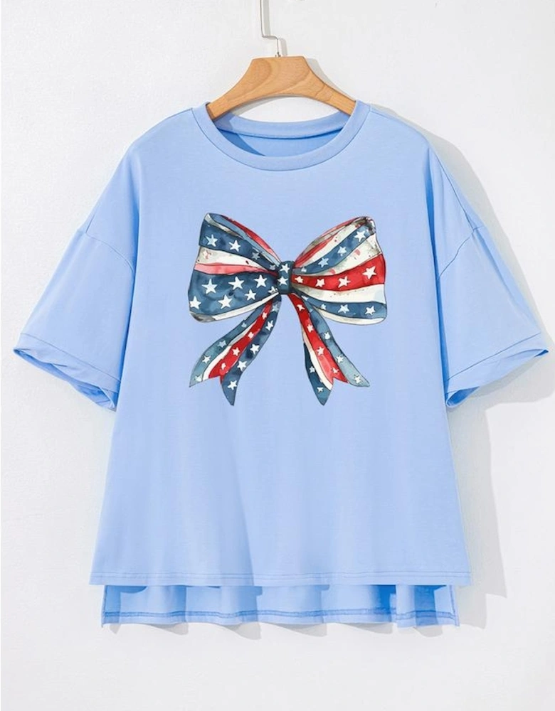 Myosotis July 4th Stars and Striped Bow Print Oversize Tee