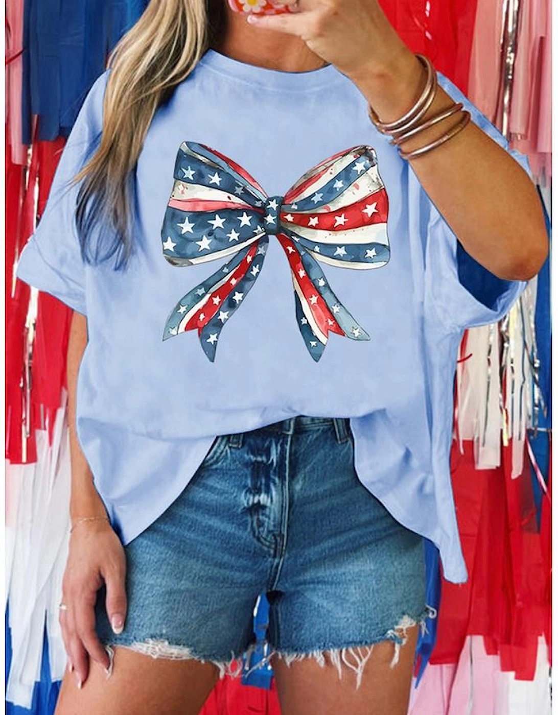 Myosotis July 4th Stars and Striped Bow Print Oversize Tee