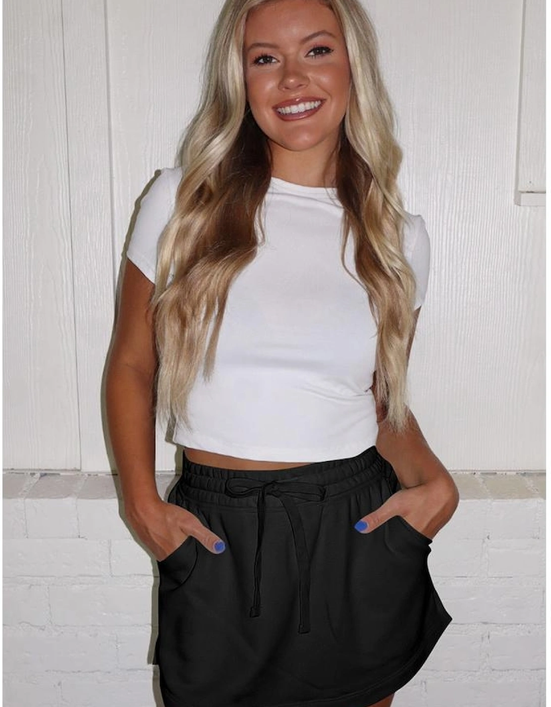 Black French Terry Drawstring Mini Skort with Pockets