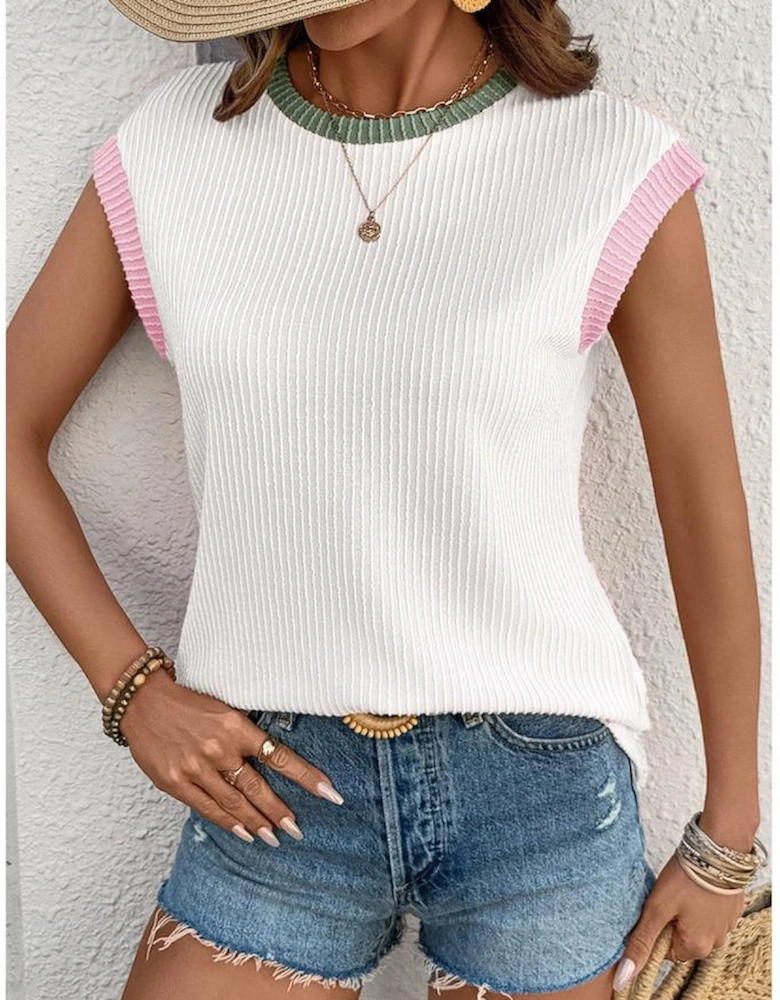 White Color Block Corded Knit Crew Neck Tee