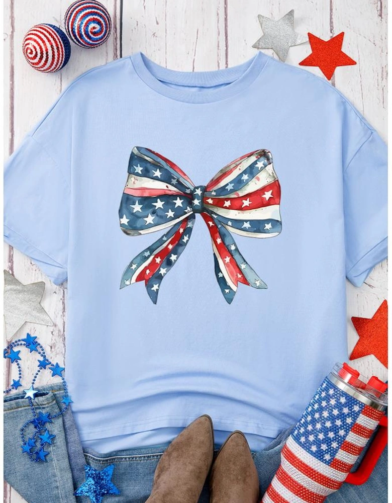 Myosotis July 4th Stars and Striped Bow Print Oversize Tee