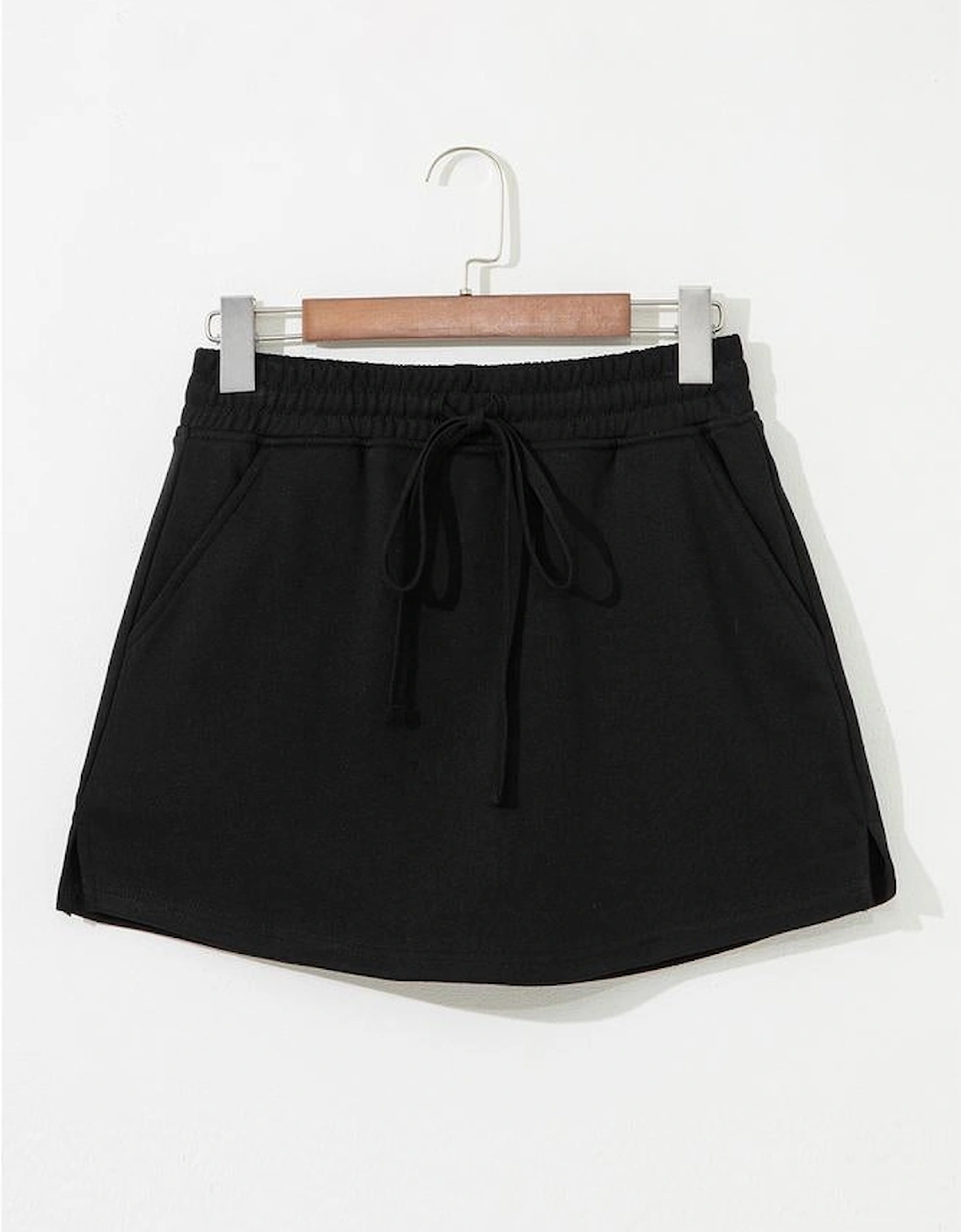 Black French Terry Drawstring Mini Skort with Pockets