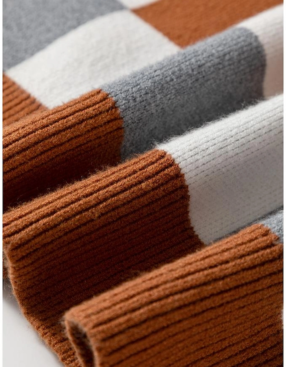 Brown Plus Size Checkered Crewneck Sweater