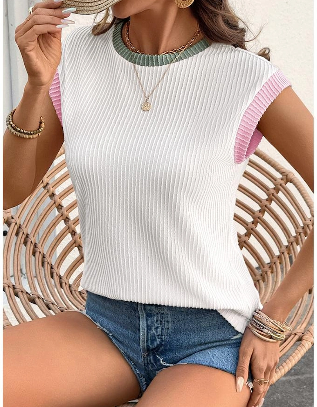 White Color Block Corded Knit Crew Neck Tee