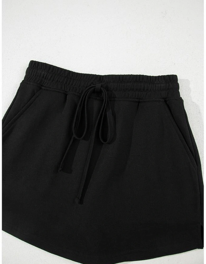 Black French Terry Drawstring Mini Skort with Pockets