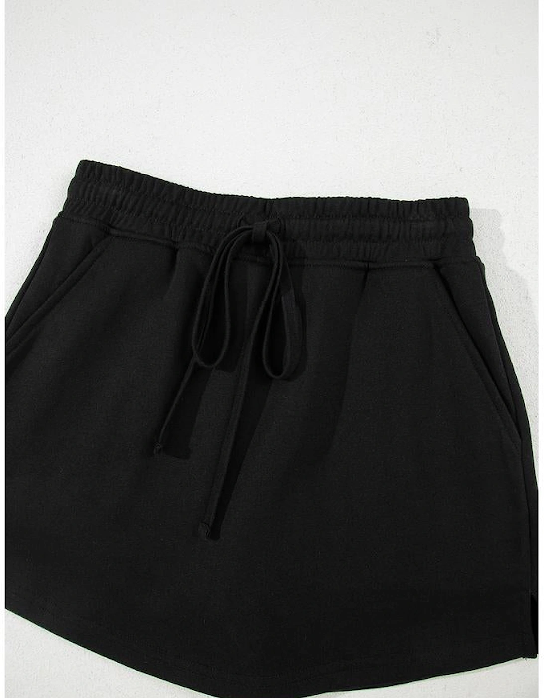 Black French Terry Drawstring Mini Skort with Pockets