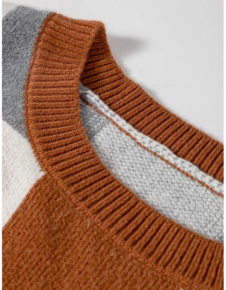 Brown Plus Size Checkered Crewneck Sweater