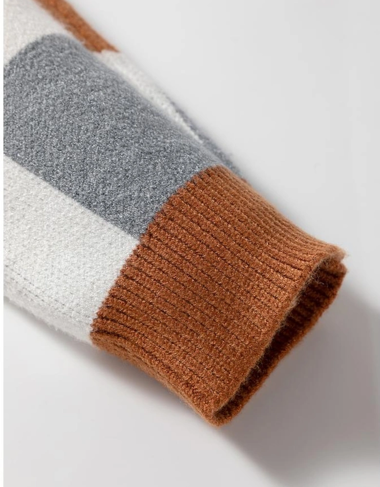 Brown Plus Size Checkered Crewneck Sweater