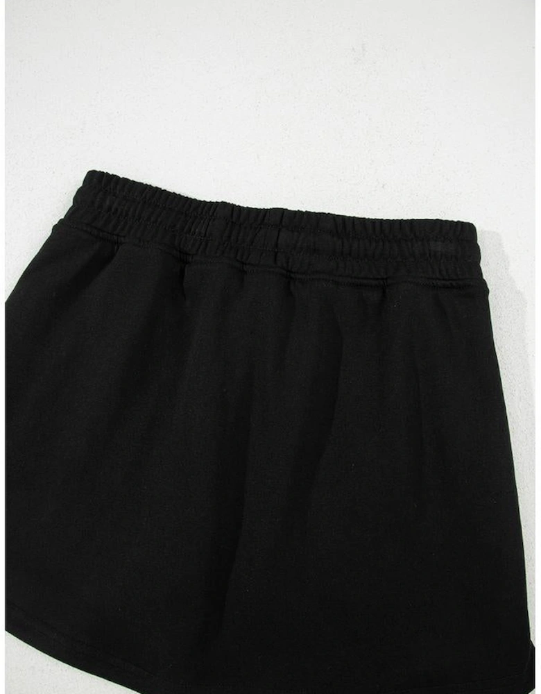 Black French Terry Drawstring Mini Skort with Pockets