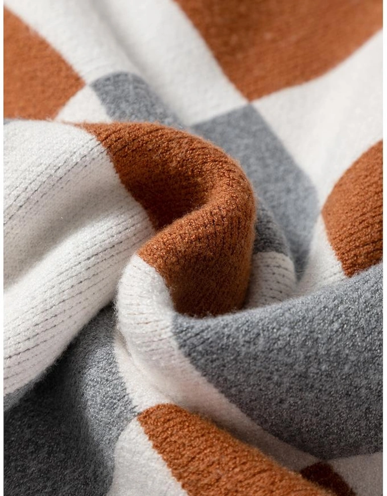 Brown Plus Size Checkered Crewneck Sweater