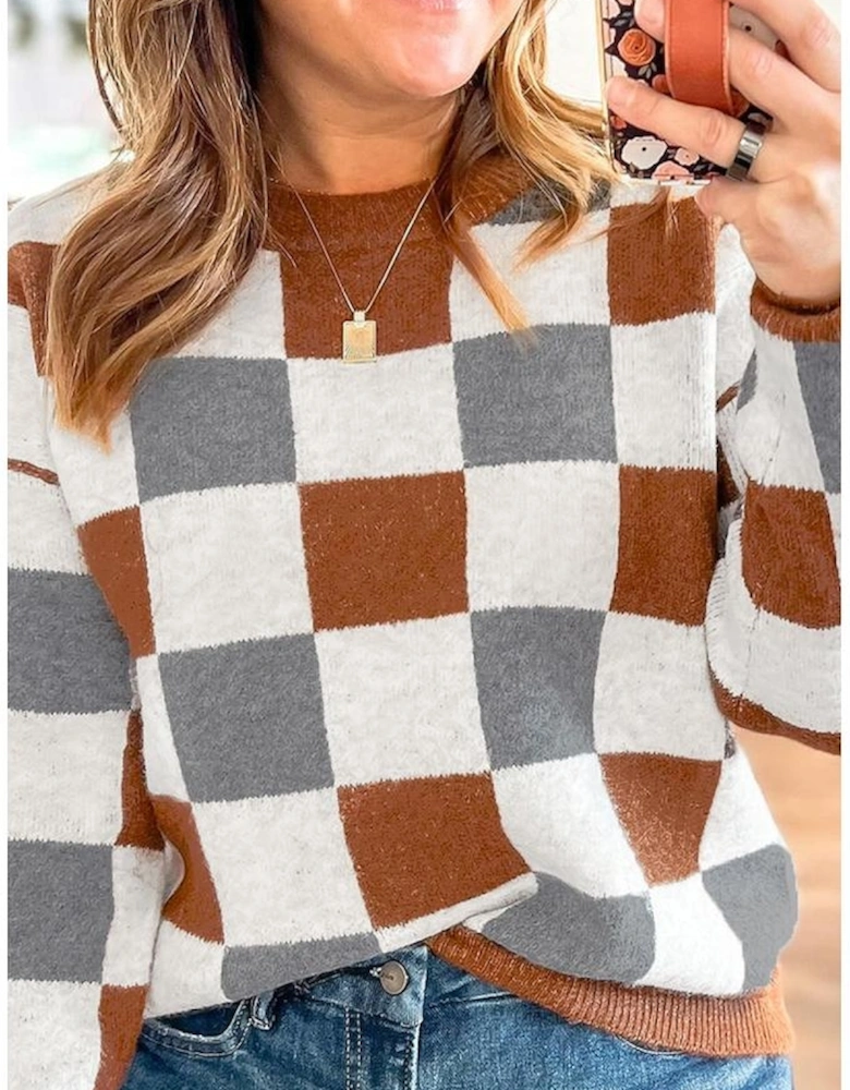 Brown Plus Size Checkered Crewneck Sweater
