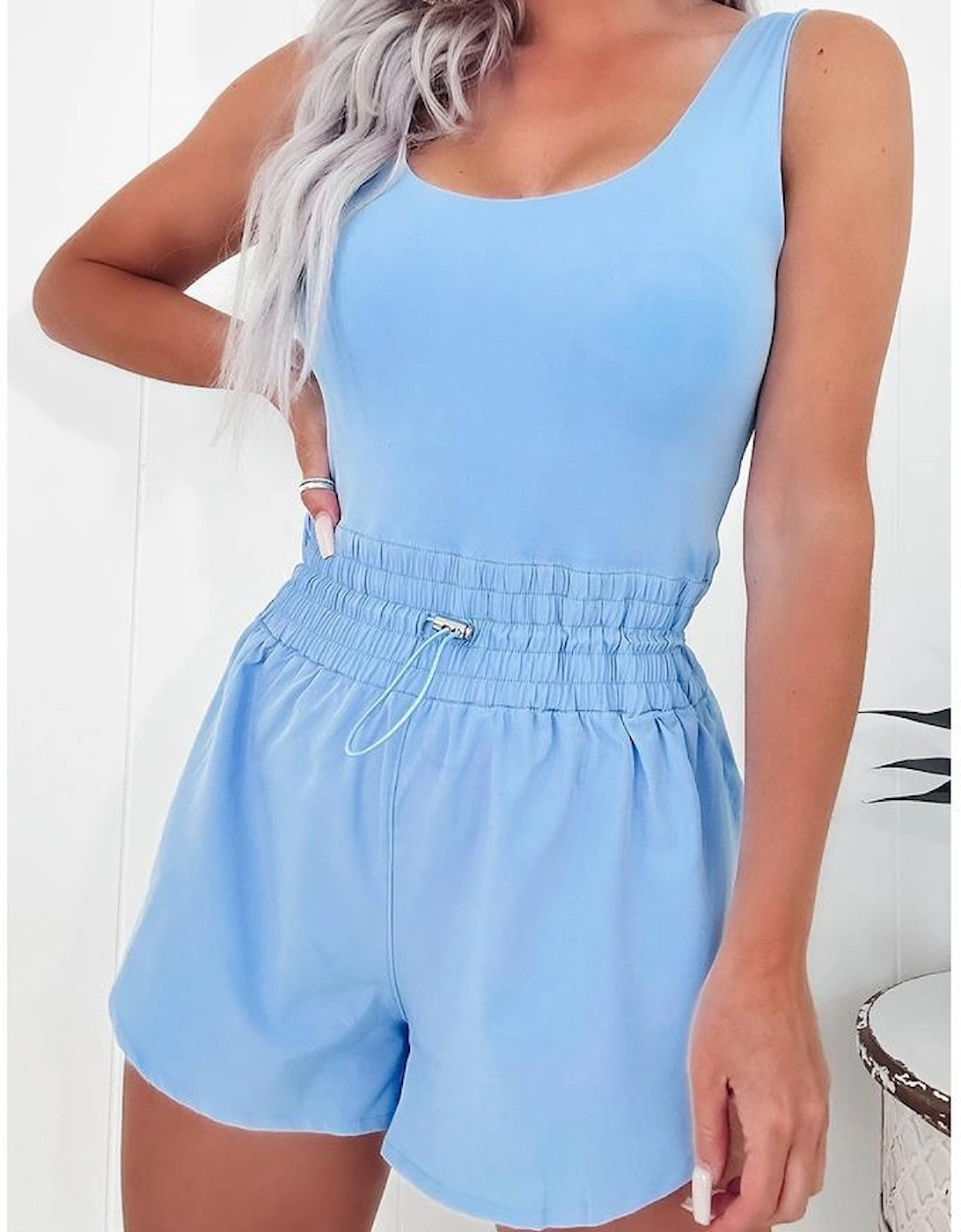 Myosotis Plain Sleeveless Loop Drawstring Cinched Waist Romper