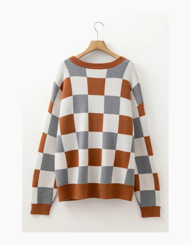 Brown Plus Size Checkered Crewneck Sweater