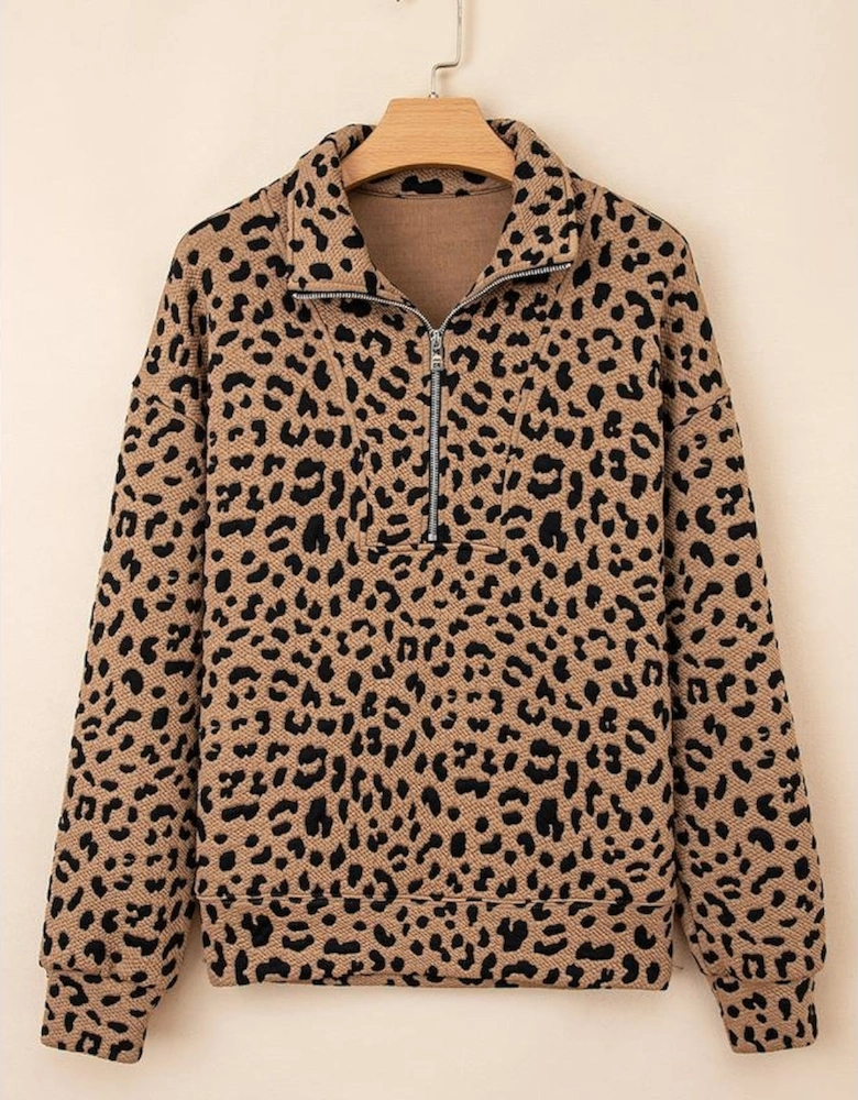 Brown Leopard Print Quarter Zip Sweatshirt