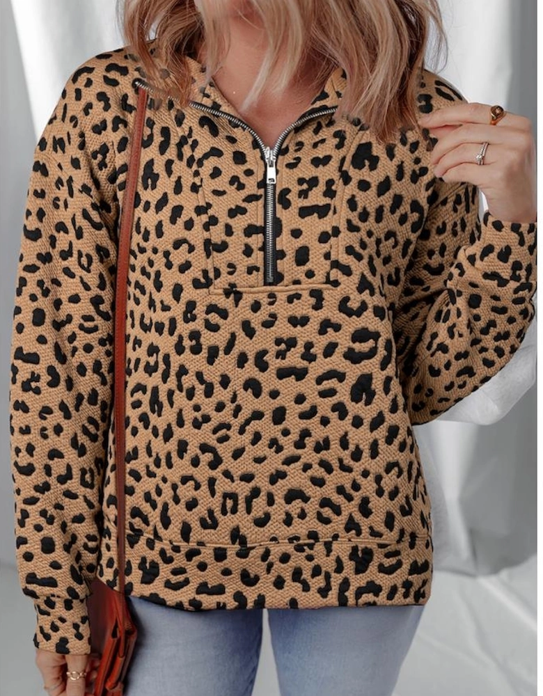 Brown Leopard Print Quarter Zip Sweatshirt