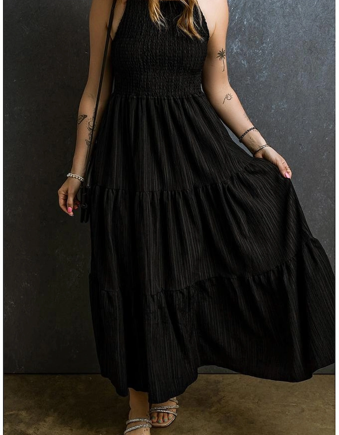 Black Spaghetti Straps Smocked Pleated Tiered Maxi Dress