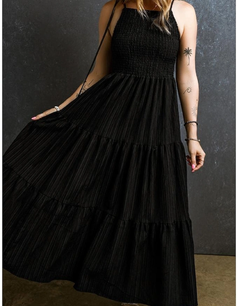 Black Spaghetti Straps Smocked Pleated Tiered Maxi Dress