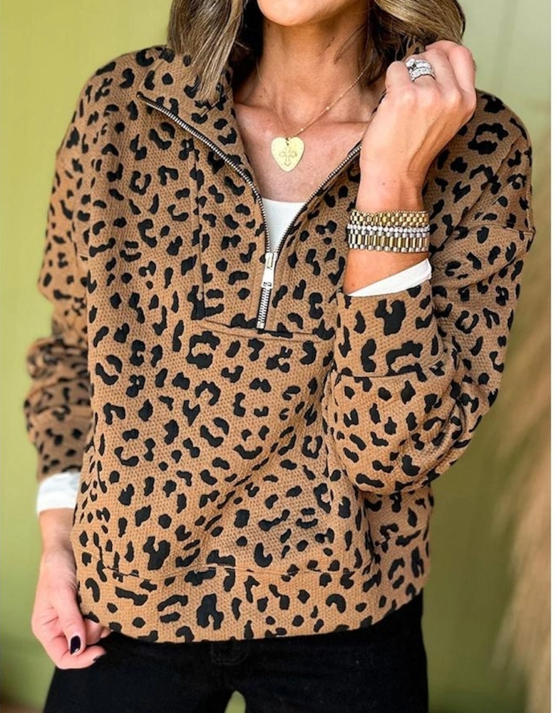 Brown Leopard Print Quarter Zip Sweatshirt