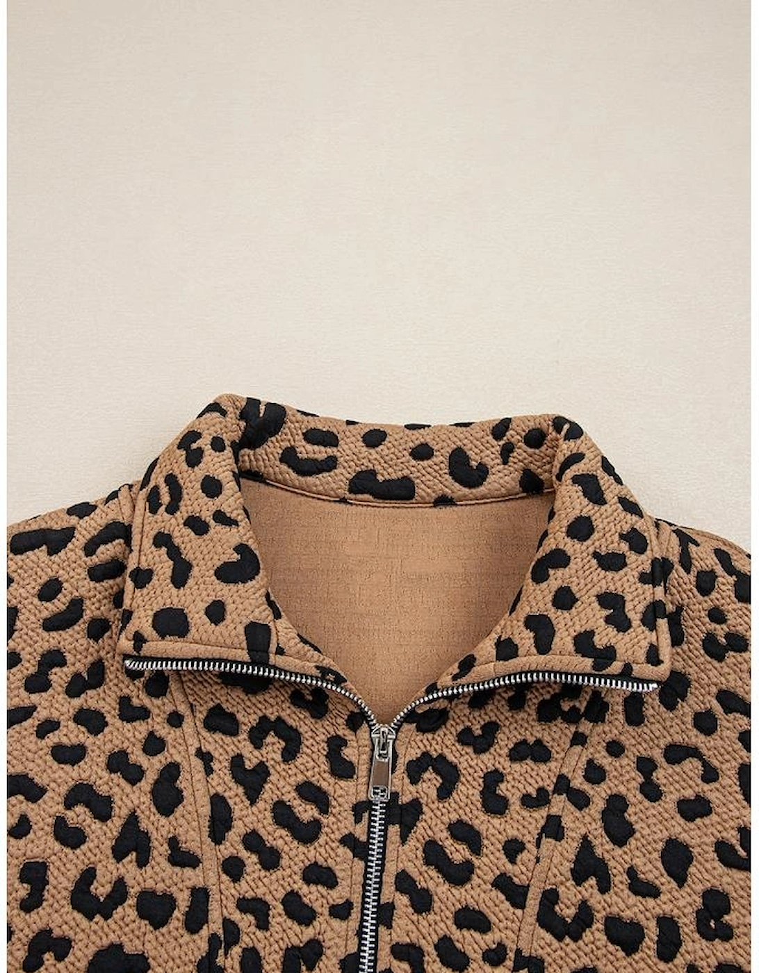 Brown Leopard Print Quarter Zip Sweatshirt