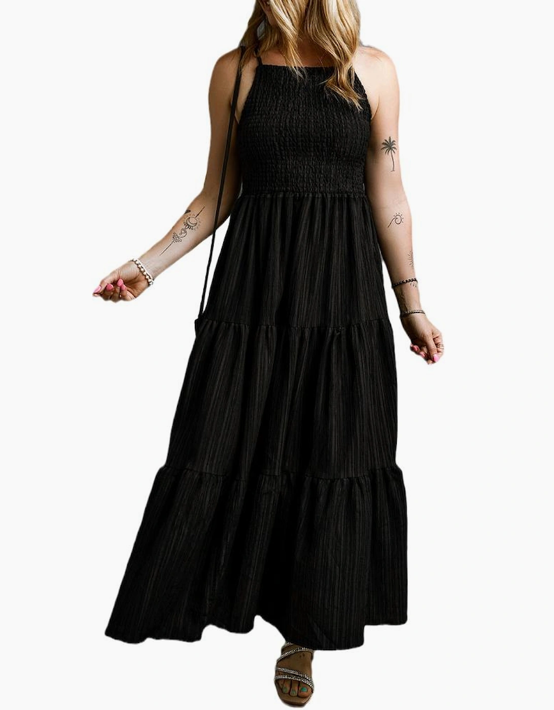 Black Spaghetti Straps Smocked Pleated Tiered Maxi Dress