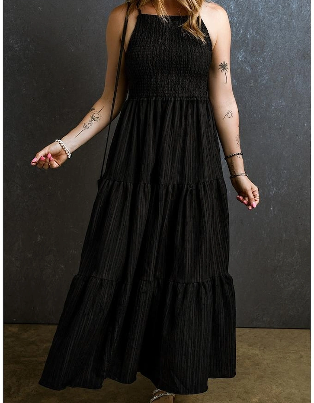 Black Spaghetti Straps Smocked Pleated Tiered Maxi Dress