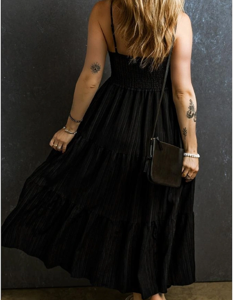 Black Spaghetti Straps Smocked Pleated Tiered Maxi Dress