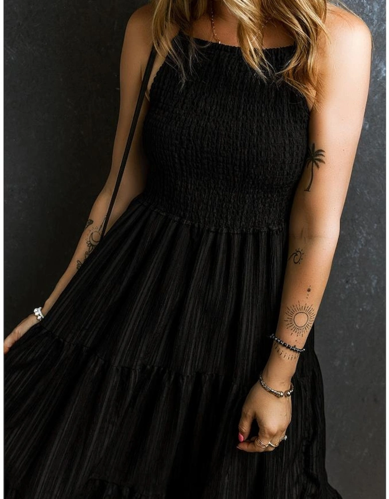 Black Spaghetti Straps Smocked Pleated Tiered Maxi Dress