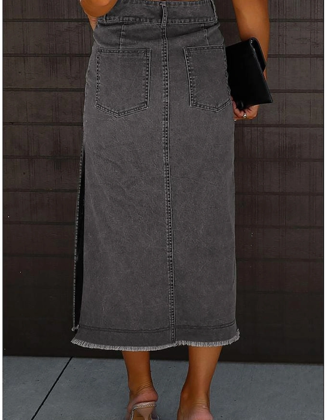 Black Raw Edge Side Slits Buttoned Midi Denim Skirt