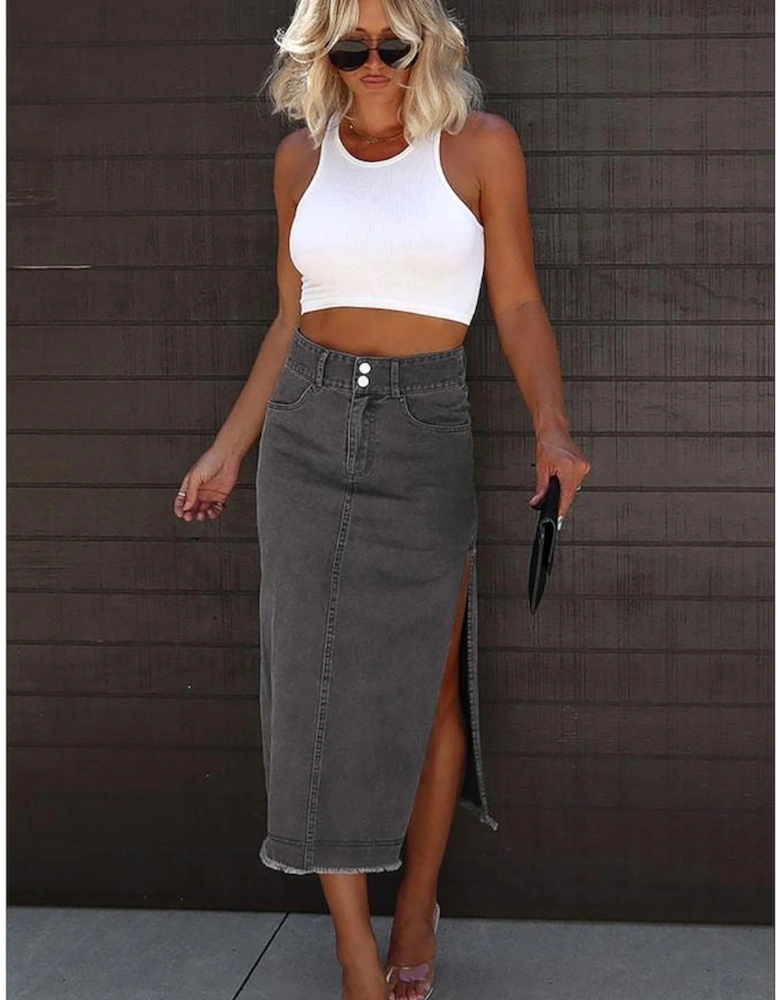 Black Raw Edge Side Slits Buttoned Midi Denim Skirt
