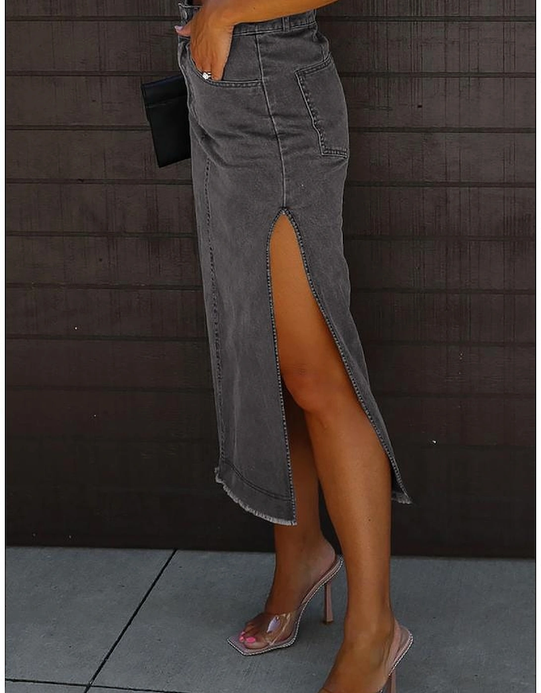 Black Raw Edge Side Slits Buttoned Midi Denim Skirt