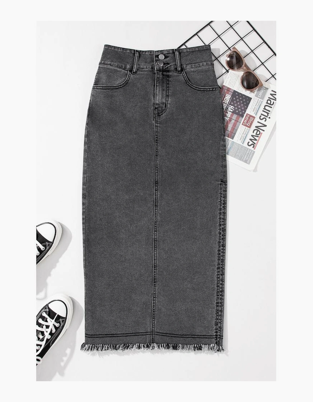 Black Raw Edge Side Slits Buttoned Midi Denim Skirt